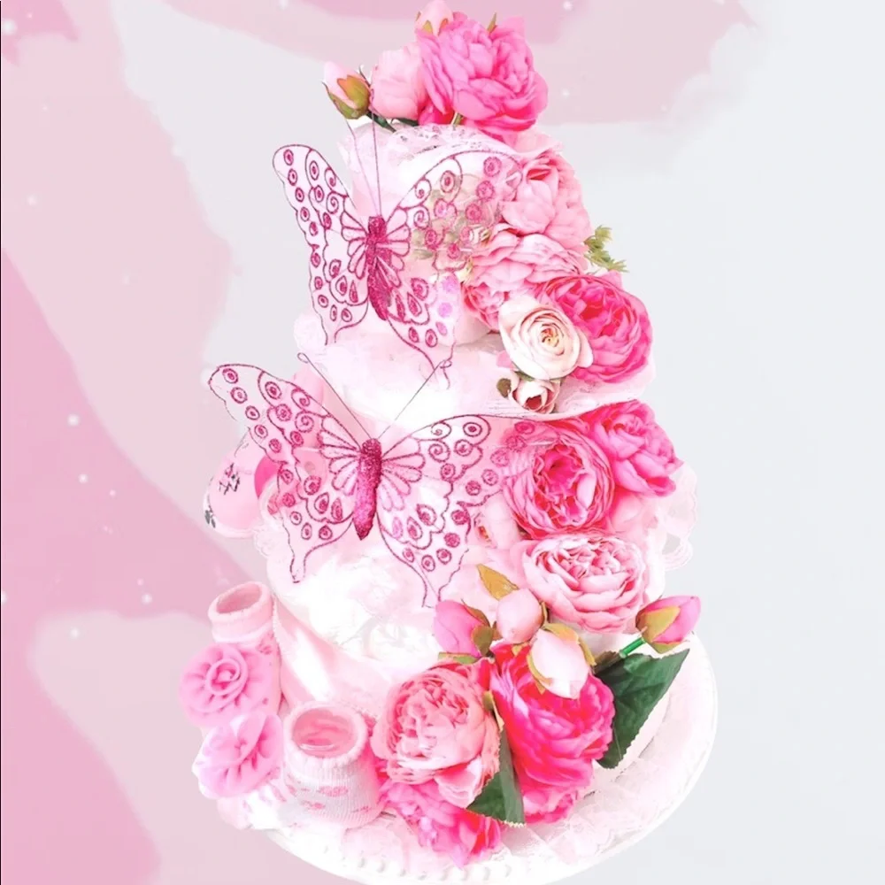 Butterflies Diaper Cake, Peonies Diaper Cake